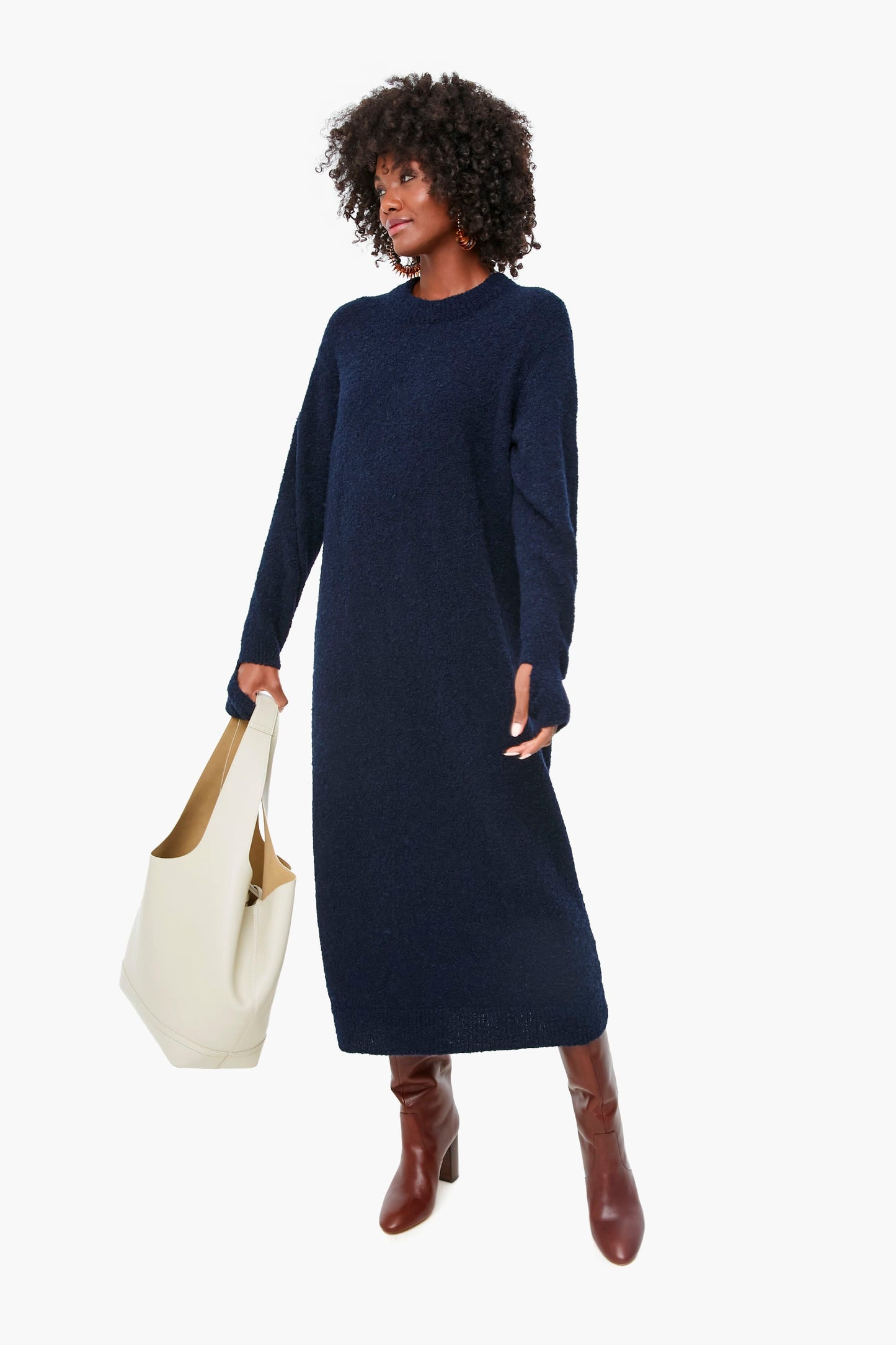 Dark Navy Boucle Alpaca Slit Cuff Easy Dress