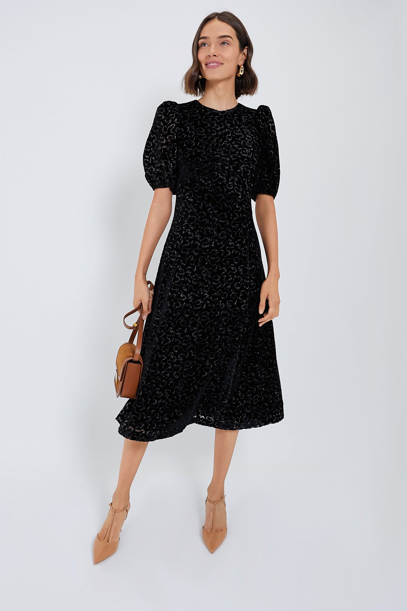 Black Sophia Burnout Velvet Puff Sleeve Dress