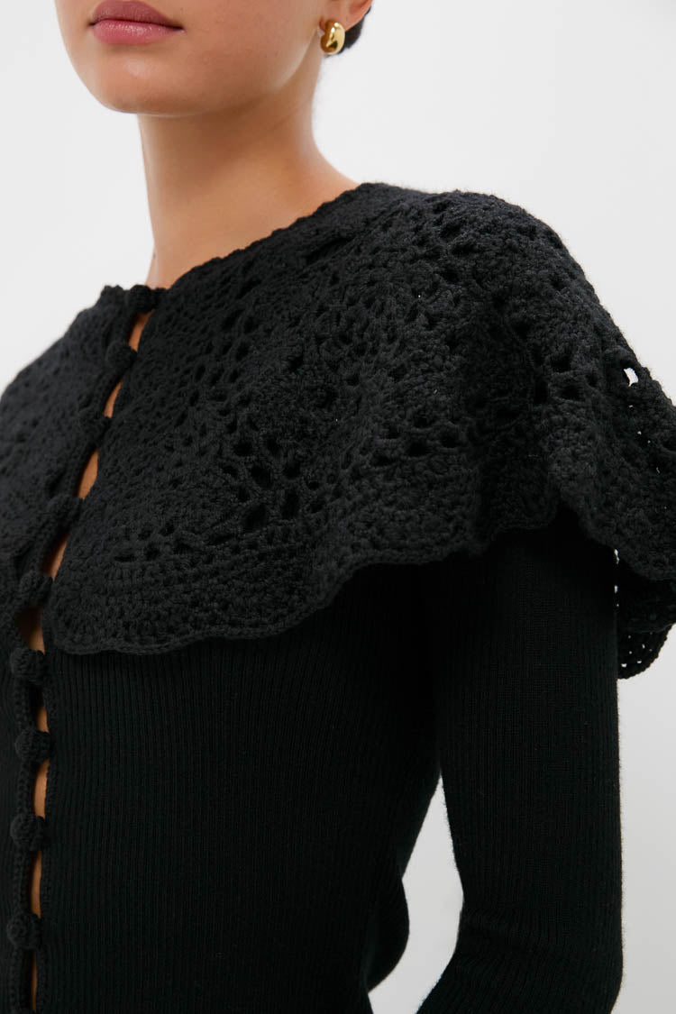 Black Nara Crochet Long Sleeve Cardigan With Capelet