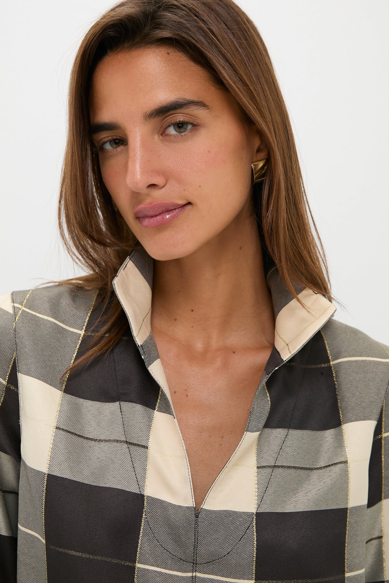 Mairead Check Plaid Margot Stand Collar Blouse