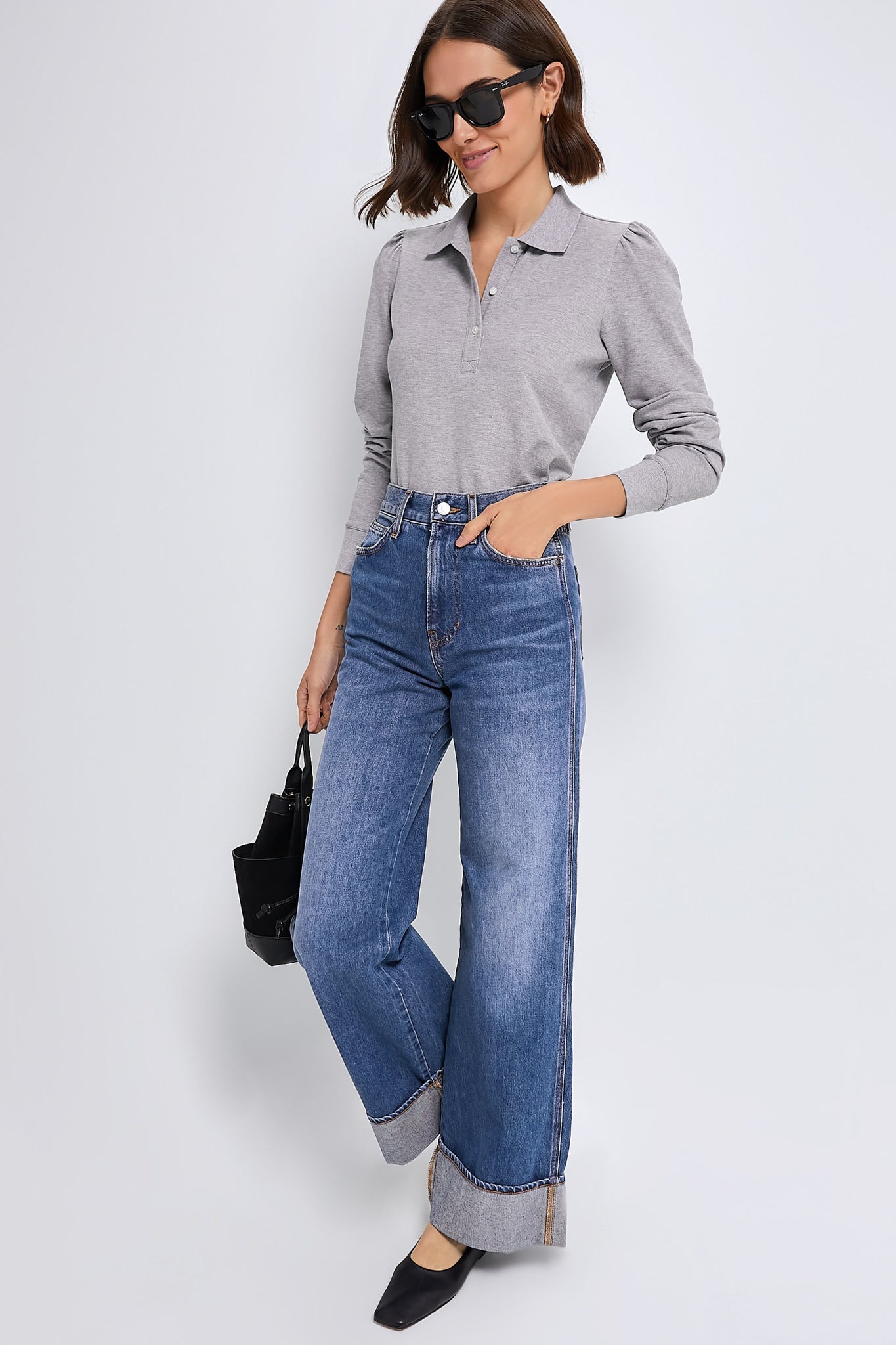 Gray Long Sleeve Pique Puff Sleeve Peggy Polo