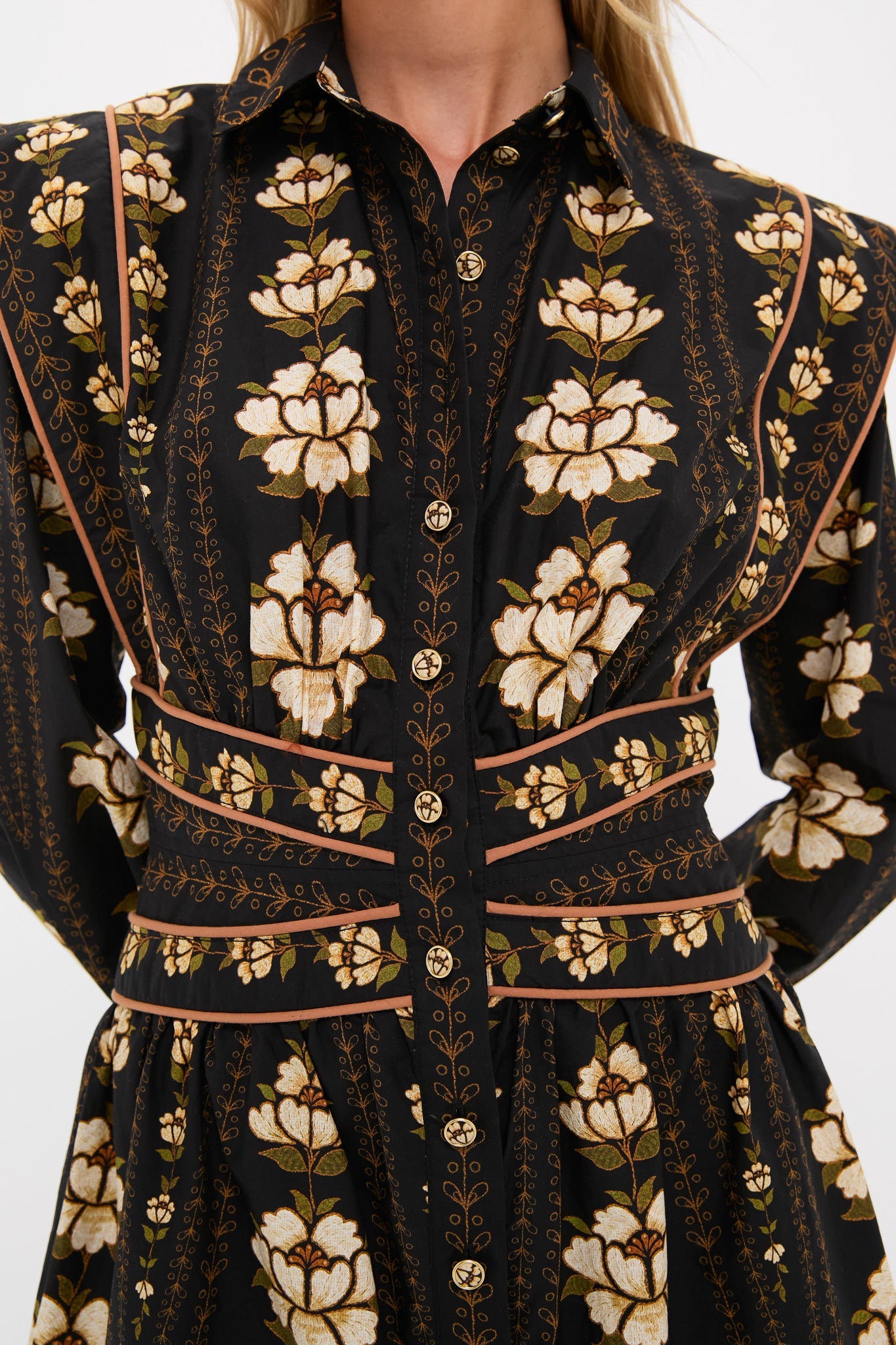 Black Embroidered Flowers Topstitching Long Sleeve Mini Dress