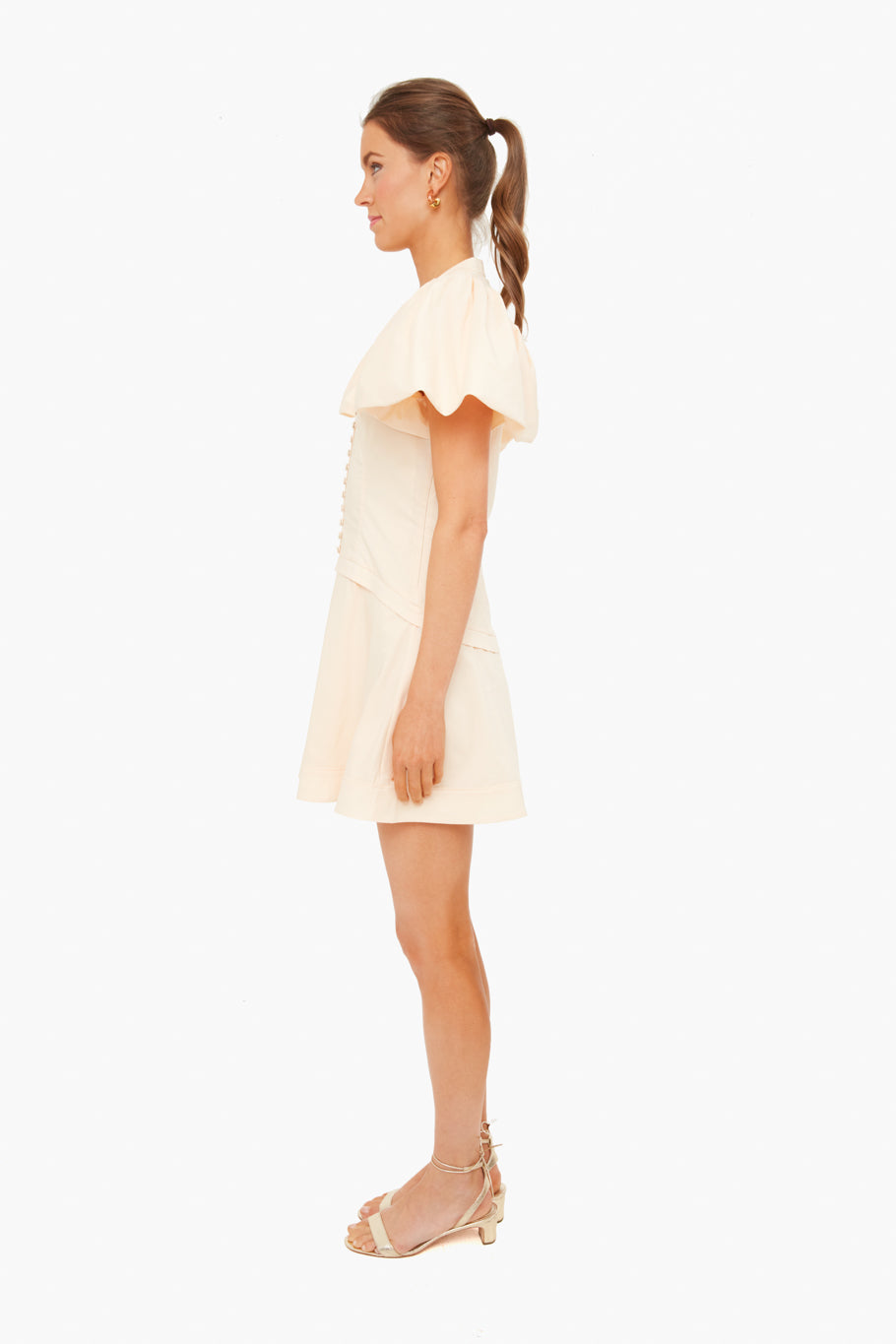 Almond Bessie Ruched Poplin Puff Sleeve Mini Dress