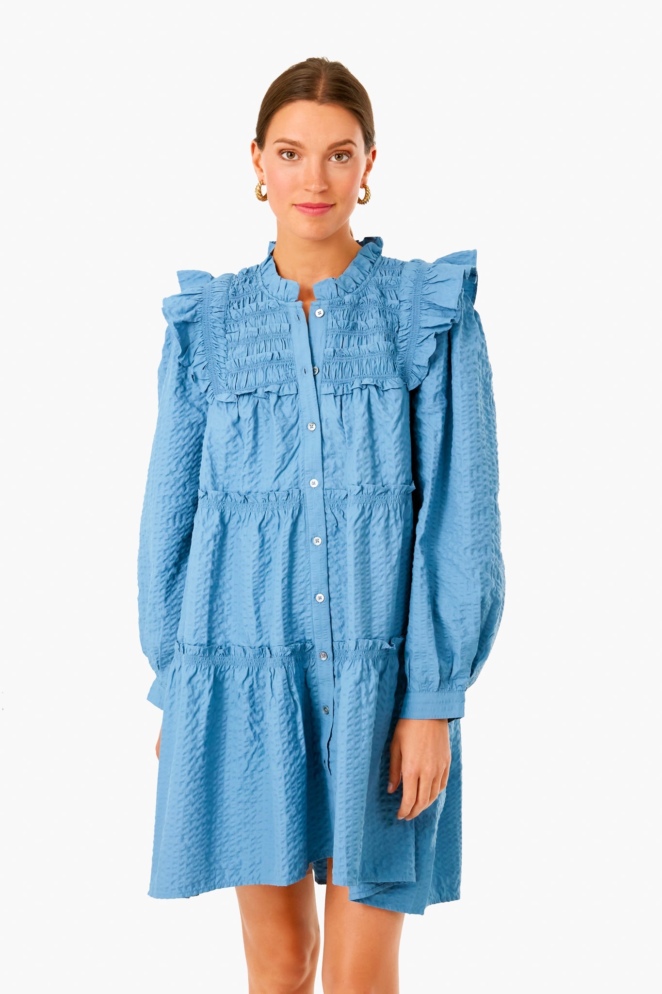 Blue Sevyn Solid Seersucker Button Down Dress