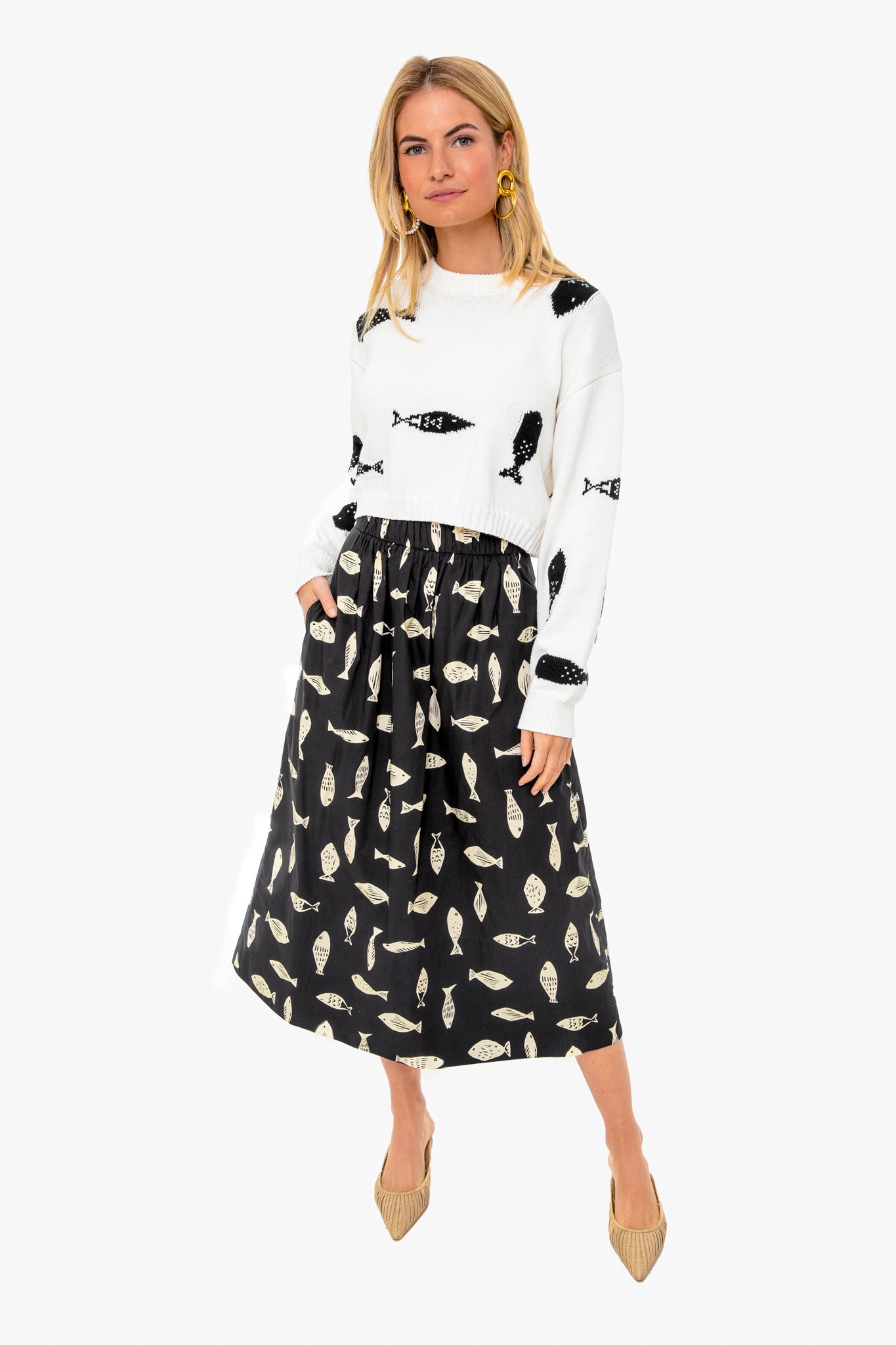 Poisson Print Smocking Waistband Full Skirt