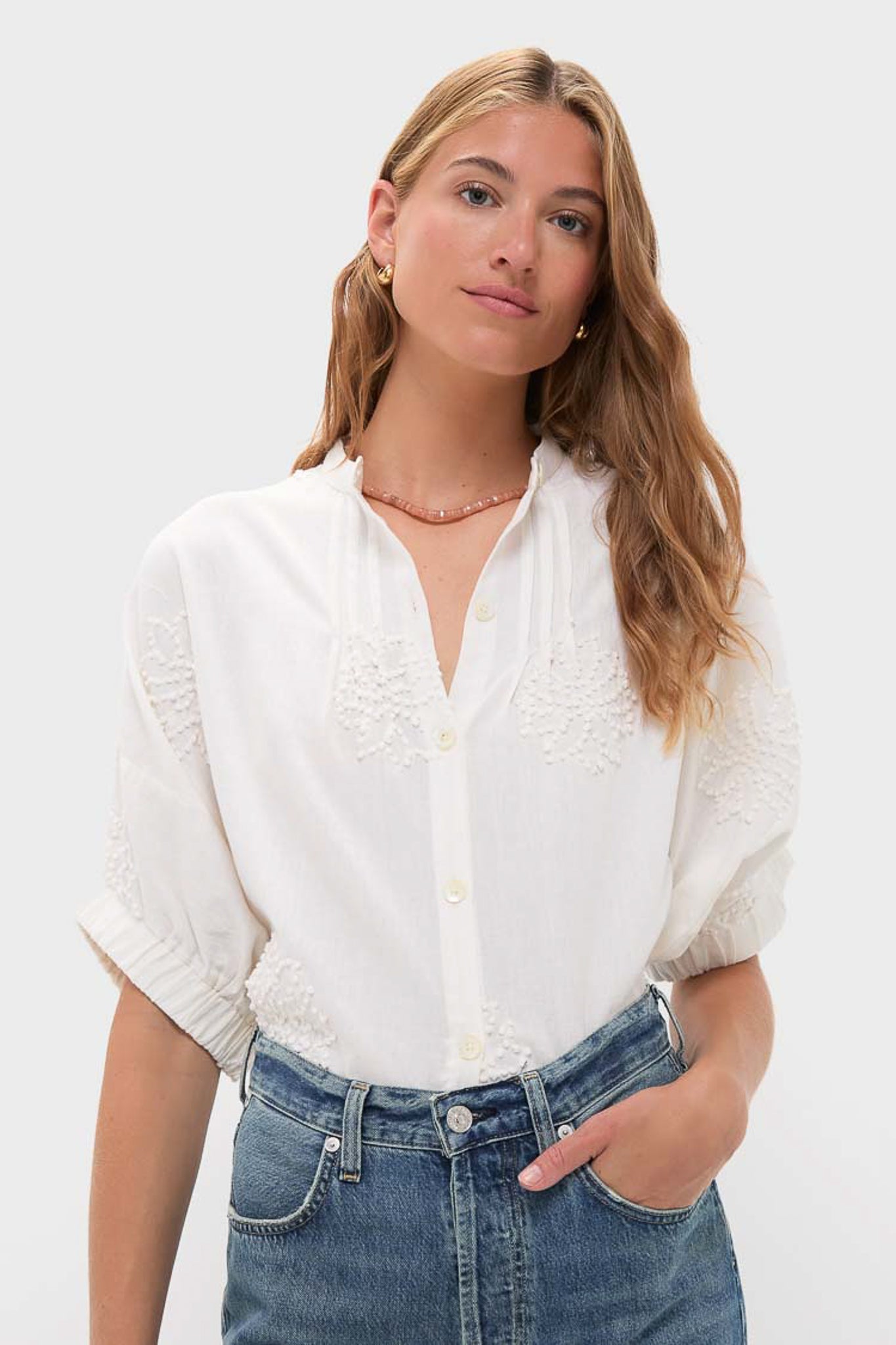 French Knot Floral Sand Mandarin Collar Top