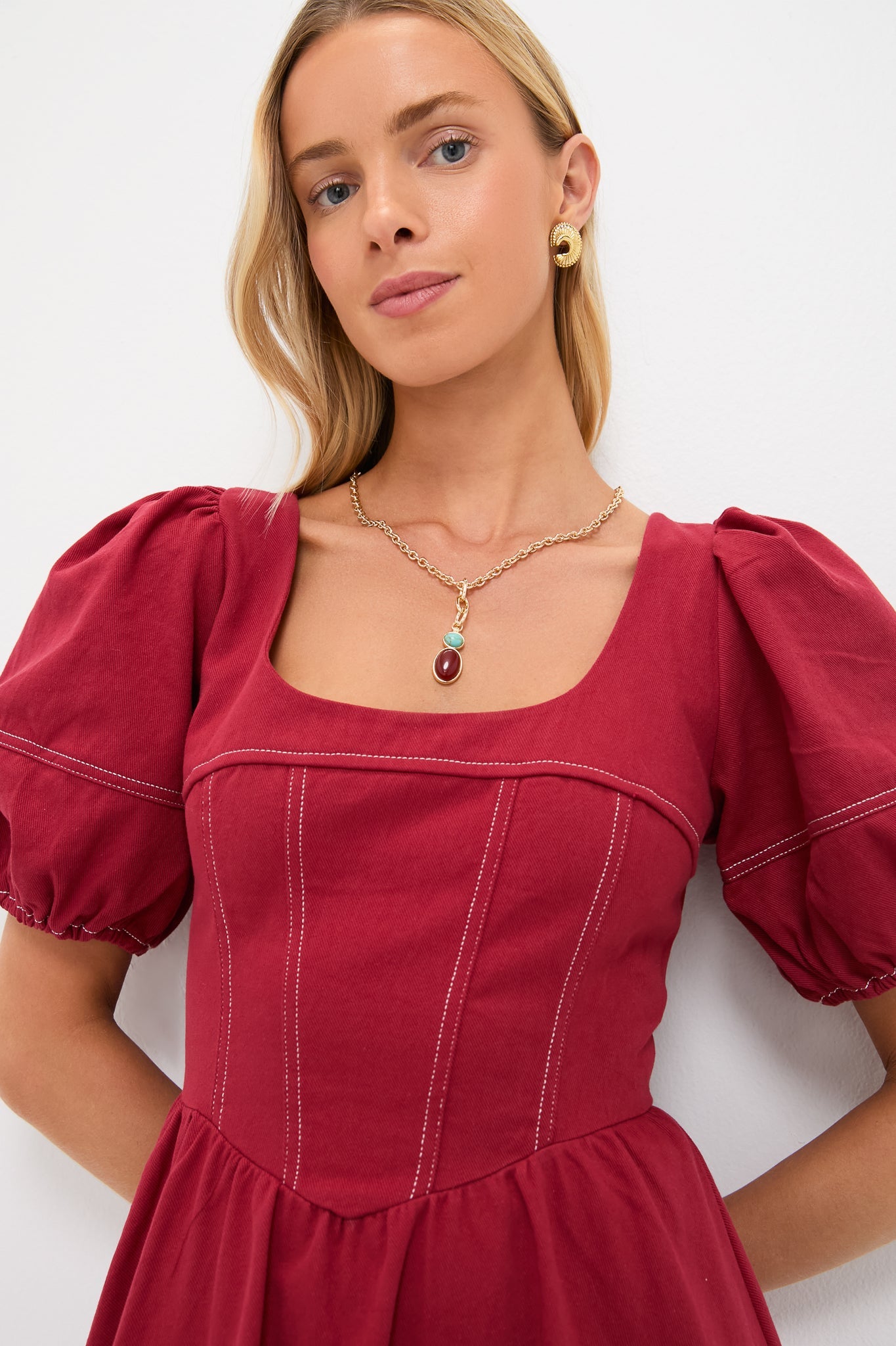 Oxblood Puff Sleeve Midi Dress