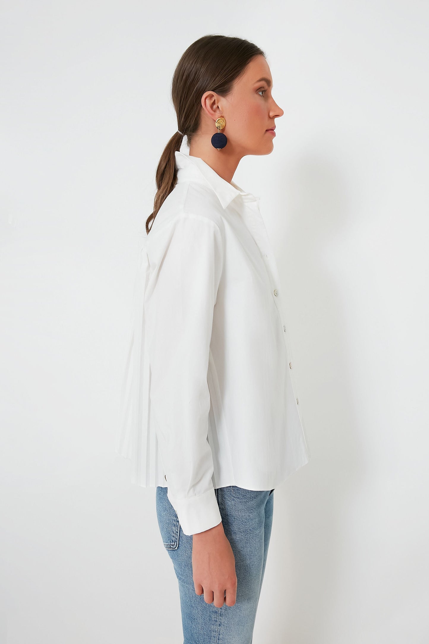 White Pleated Jade Button Down