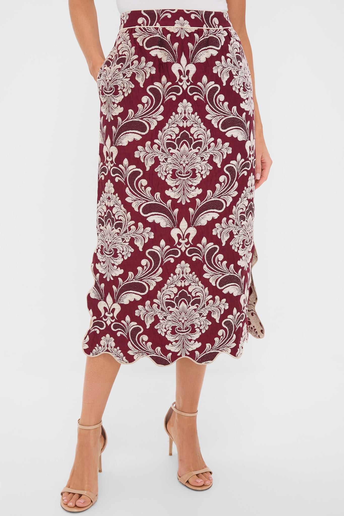 Blush Pink and Burgundy Bicolor Jacquard Waves Midi Skirt