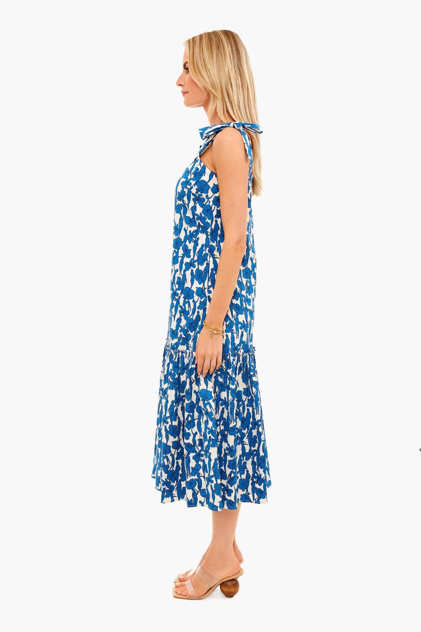 Blue Hibiscus Drop Waist Shoulder Tie Dress