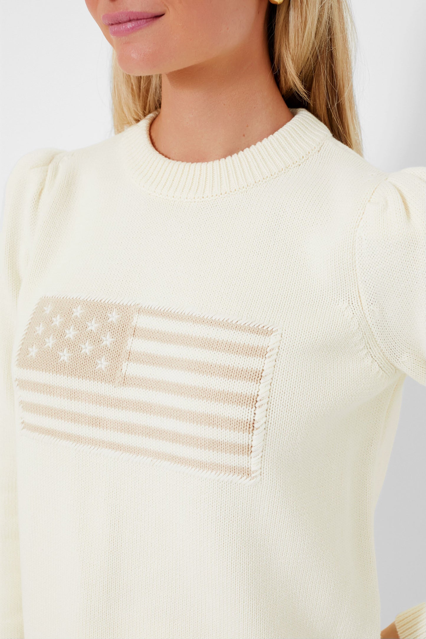 Ivory and Sandstone Cropped Puff Sleeve Americana Sweater