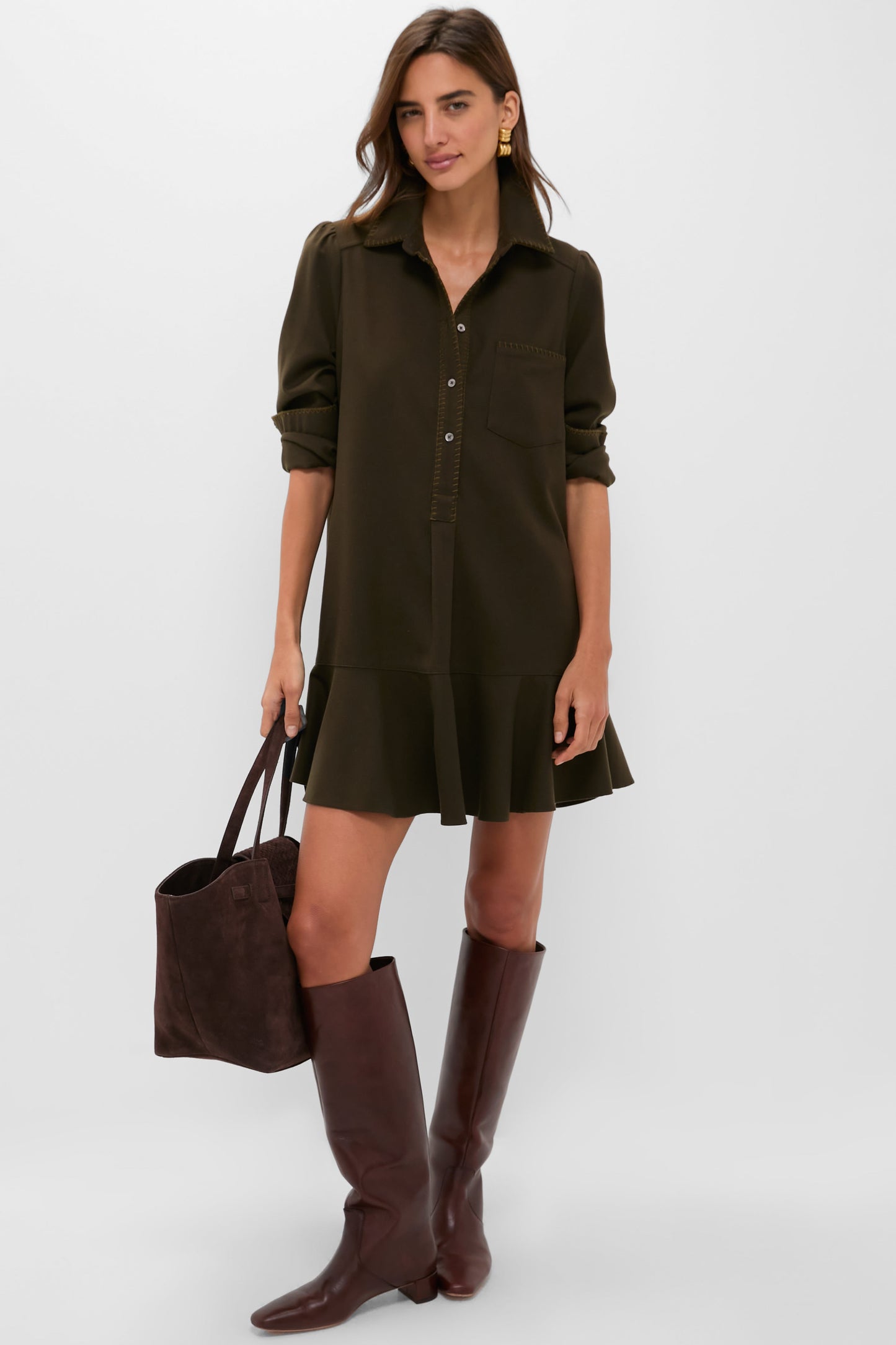Dark Olive Whipstitch Brushed Wool Callahan Shirt Dress