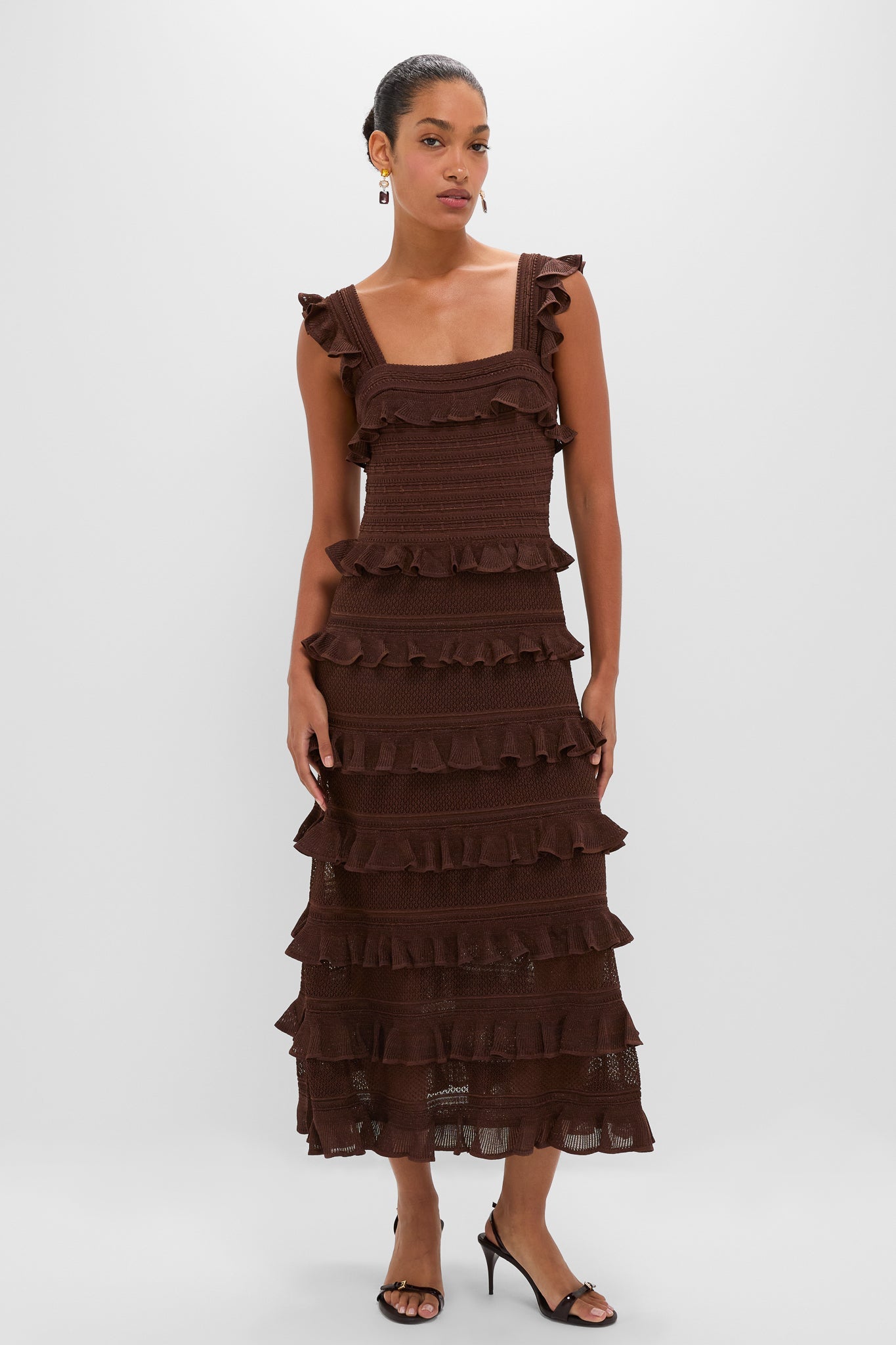 Metallic Chocolate Hypnotic Lace Frill Midi Dress