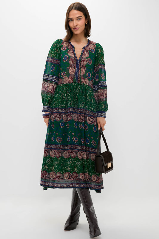 Green Melba Print Long Sleeve Midi Dress