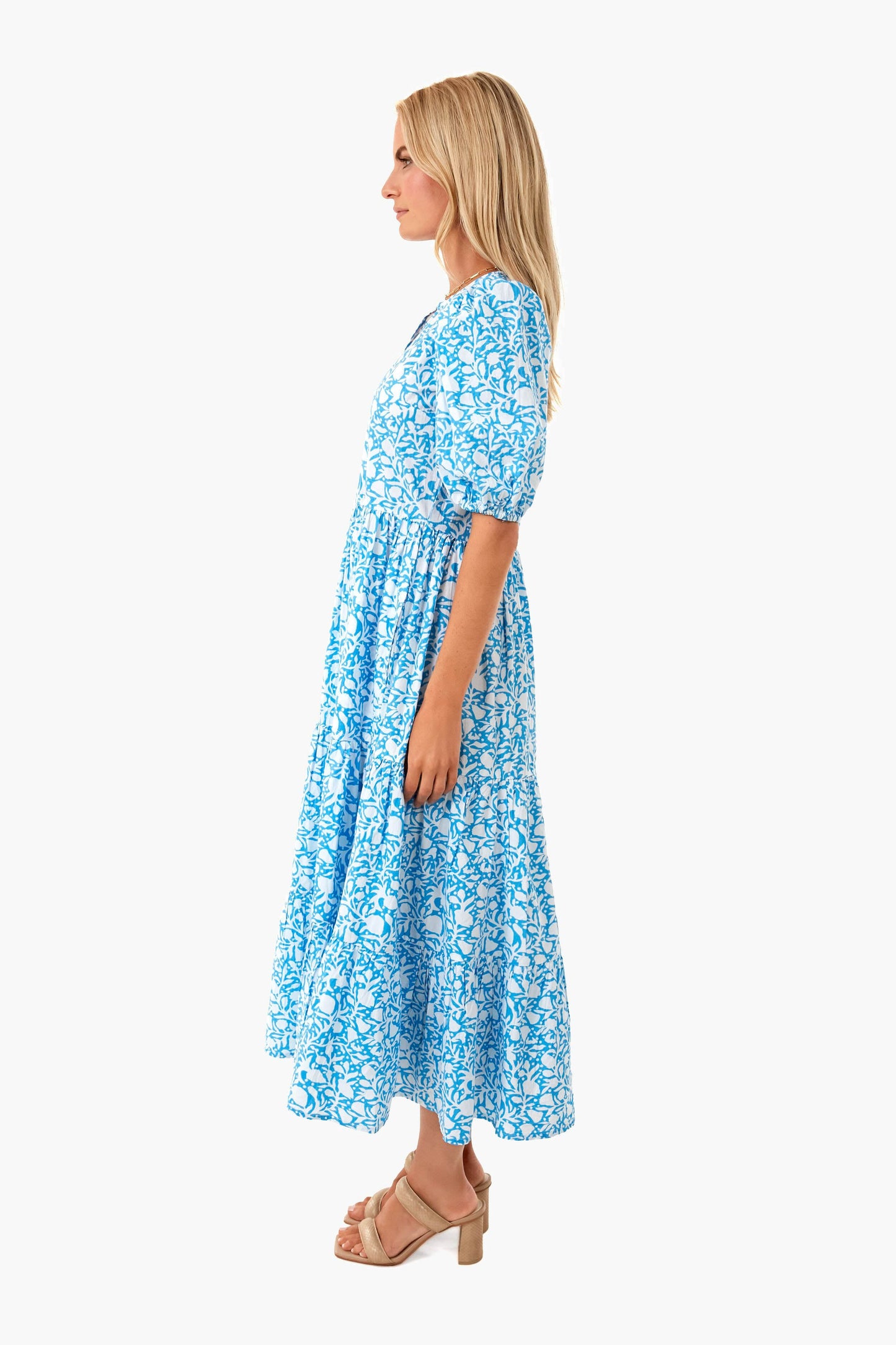 Canary Blue Puff V-Neck Maxi Dress