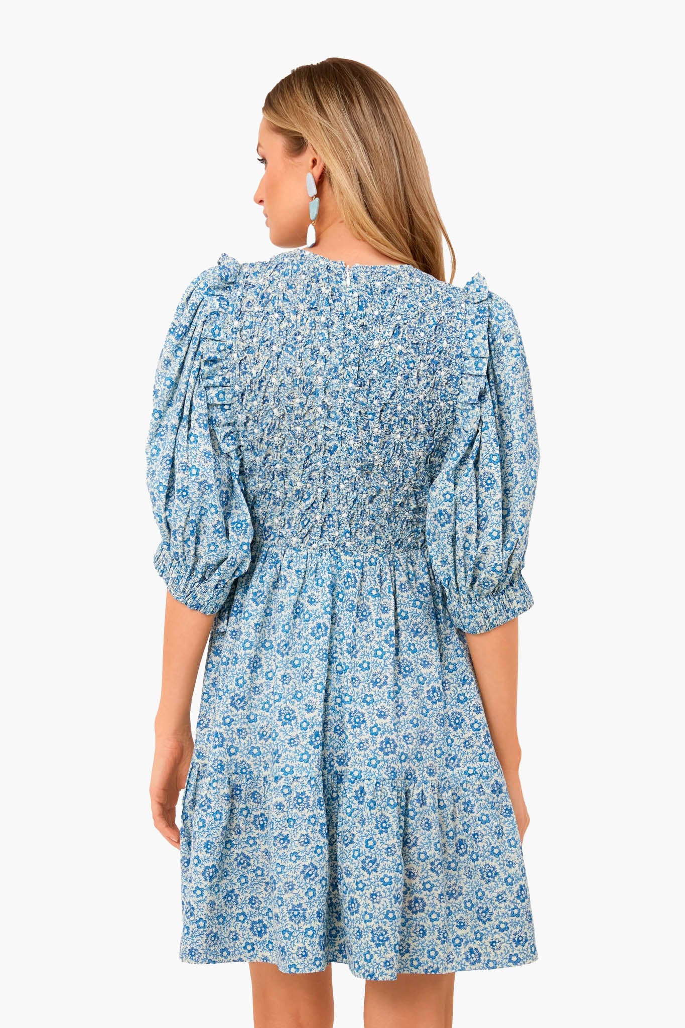 Blue Ida Print Puff Sleeve Smocked Dress