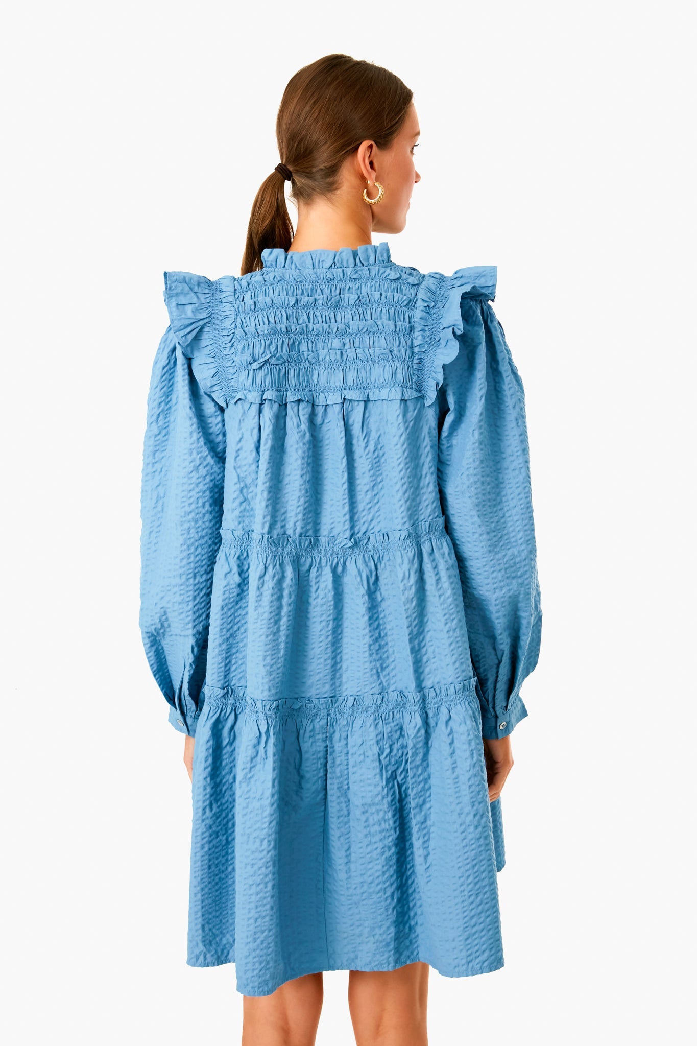 Blue Sevyn Solid Seersucker Button Down Dress