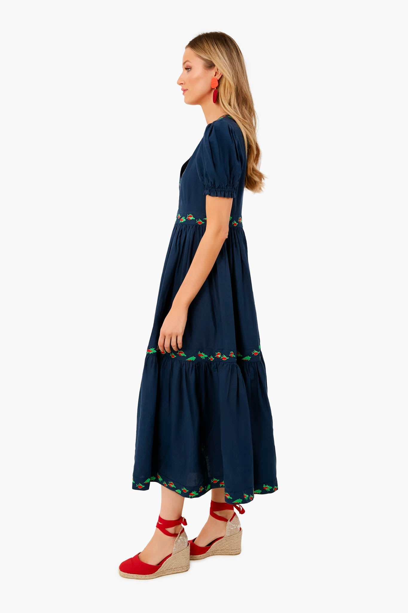 Indigo Aktur Linen V-Neck Embroidered Midi Dress