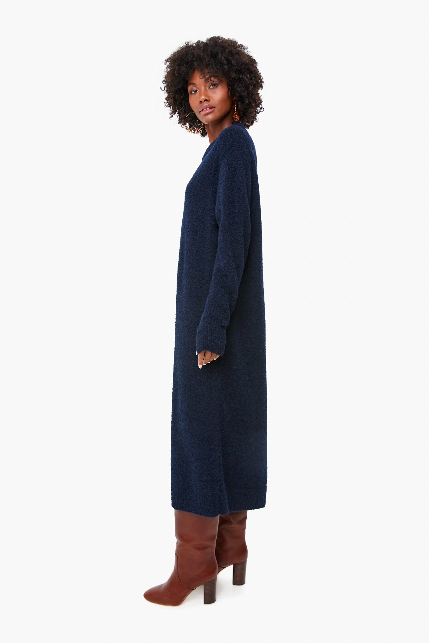 Dark Navy Boucle Alpaca Slit Cuff Easy Dress