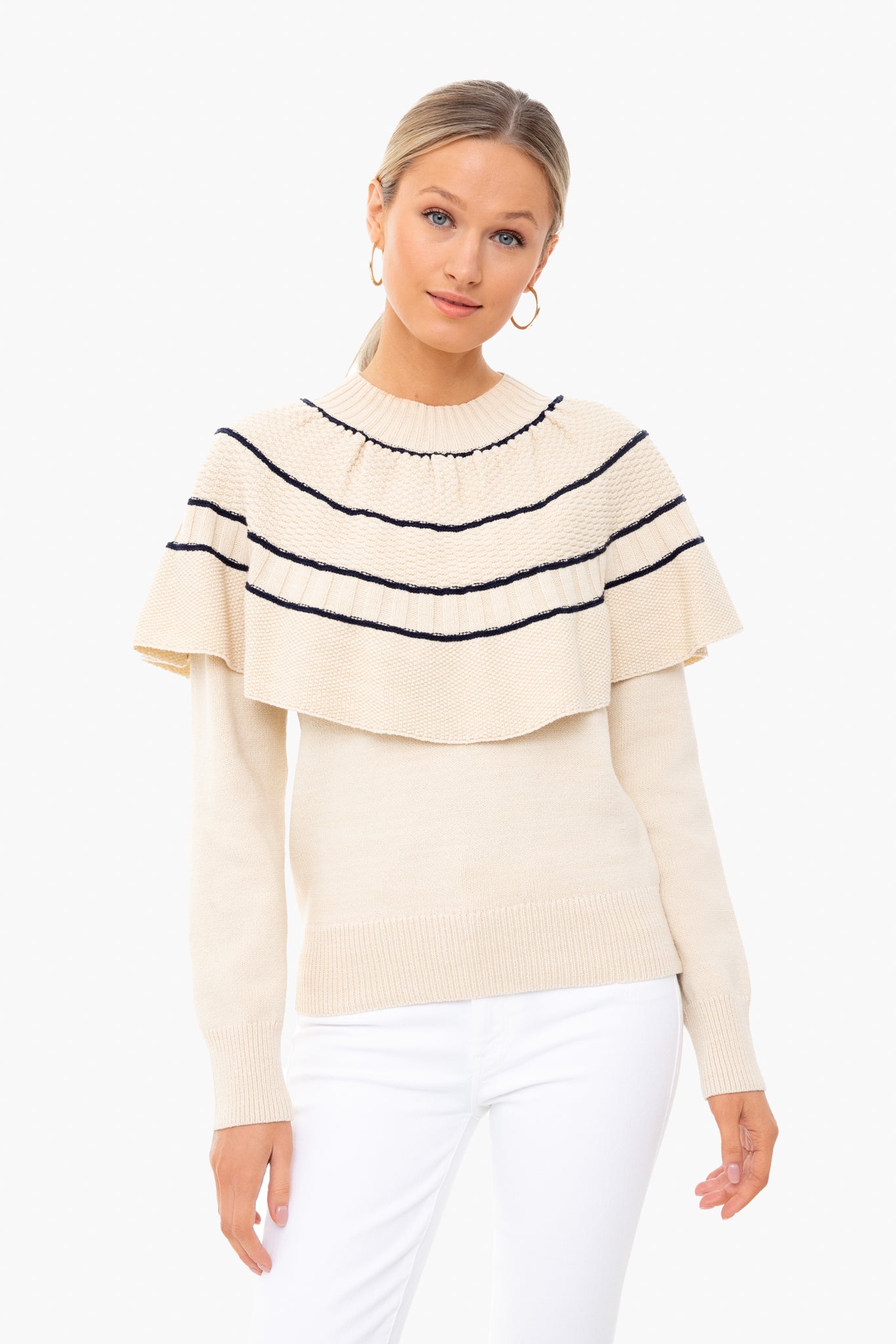 Natural and Navy Textural Stitch Capelet Sweater