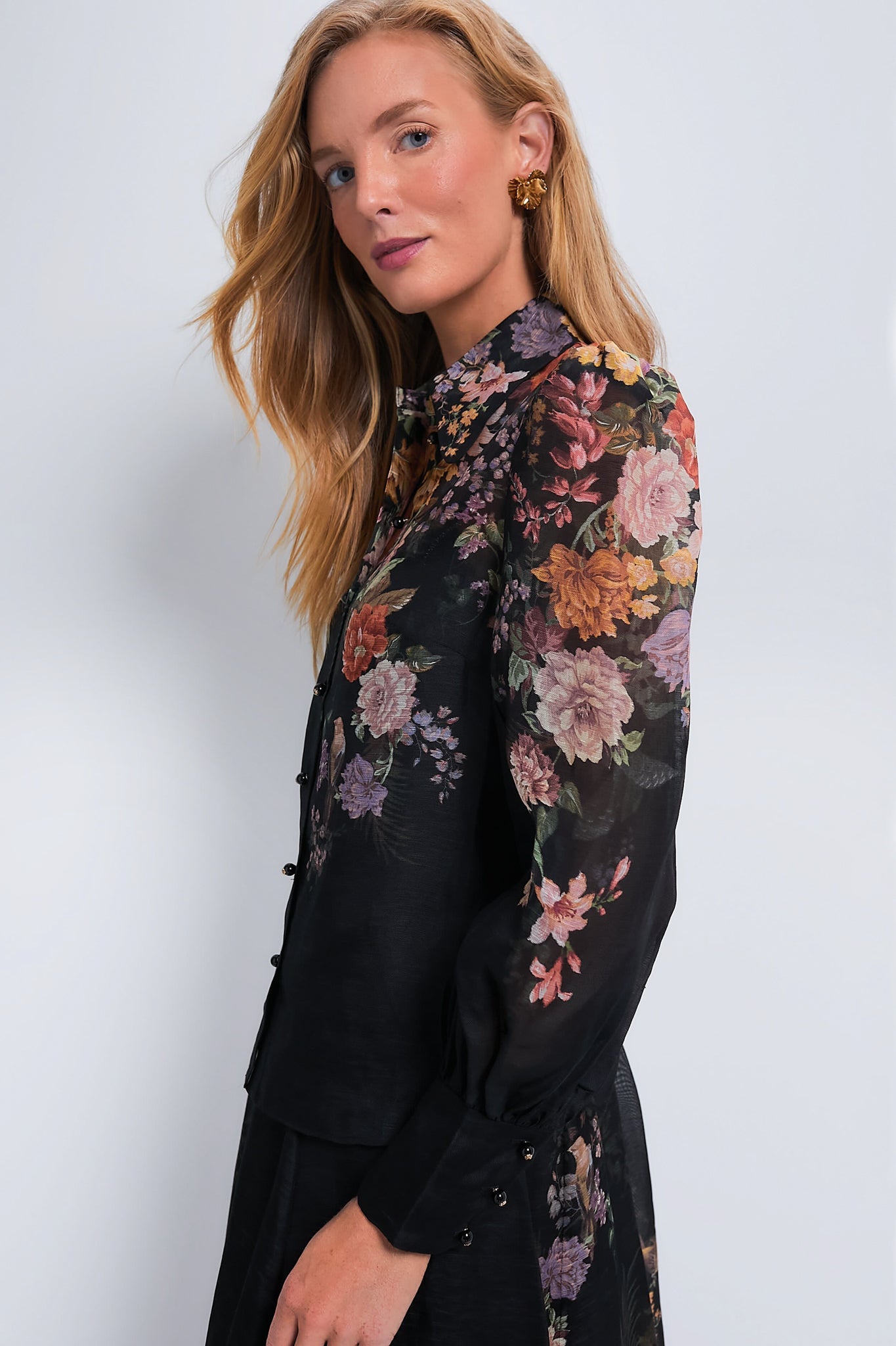 Black Multi Floral Pavilion Tie Neck Blouse
