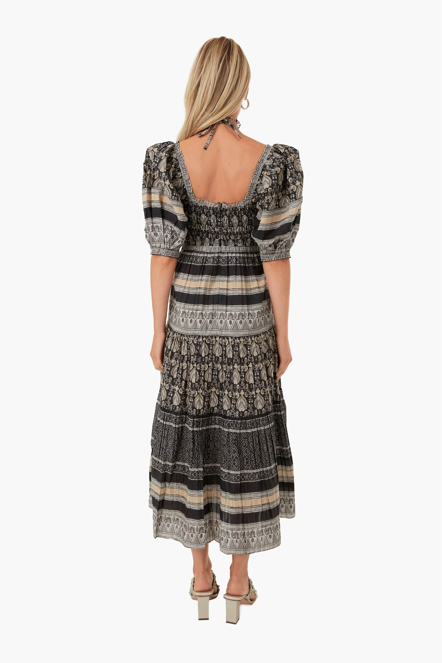 Black Tasha Print Short Sleeve Tiered Dress