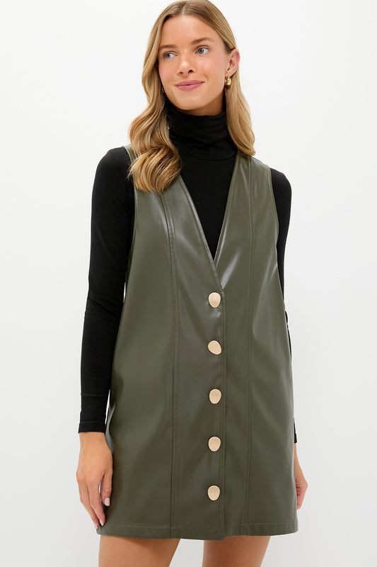 Olive Faux Leather Pinafore Dress