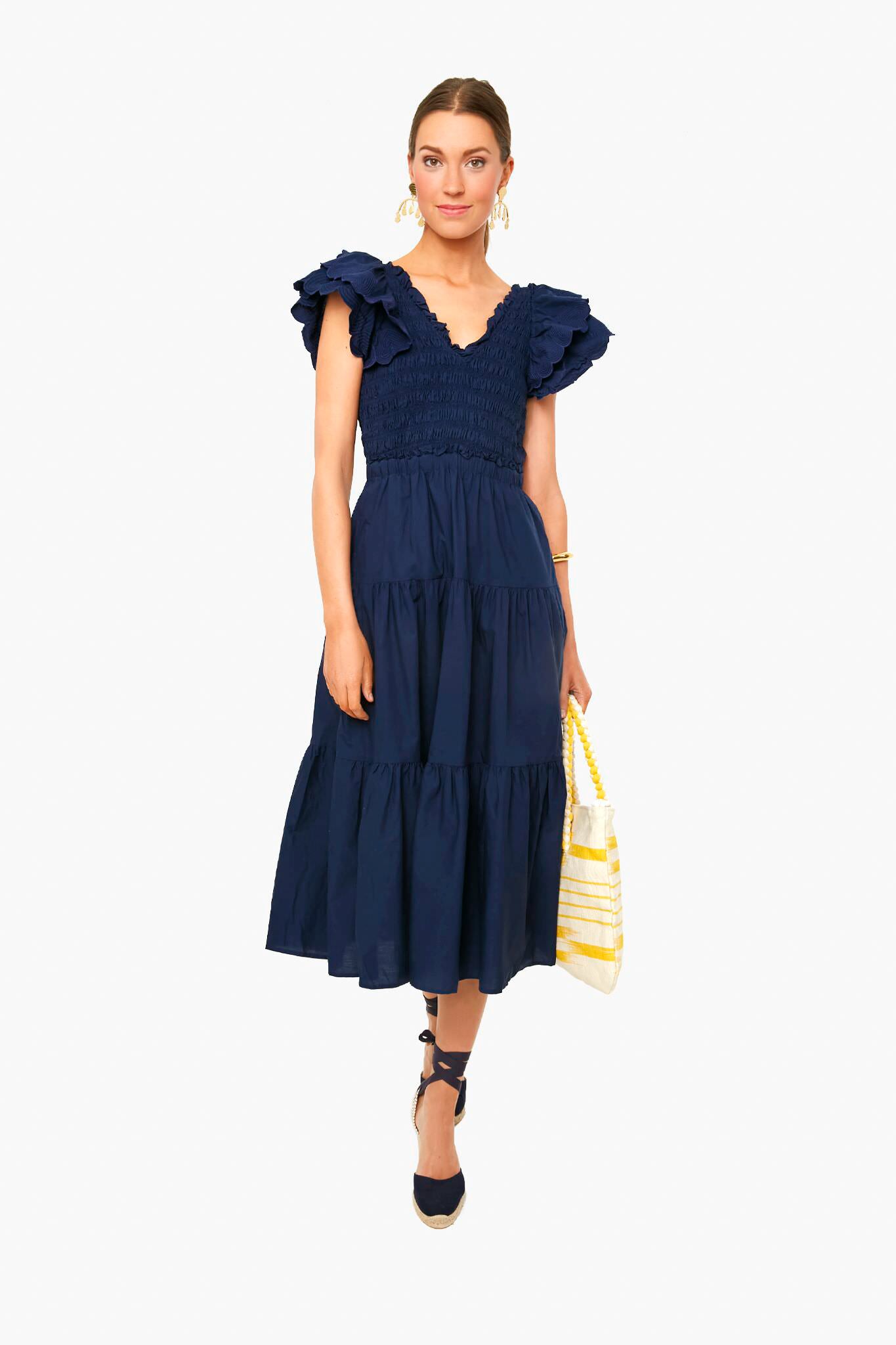Navy Heidi Heart Quilted Flutter Sleeve Smocked Dress