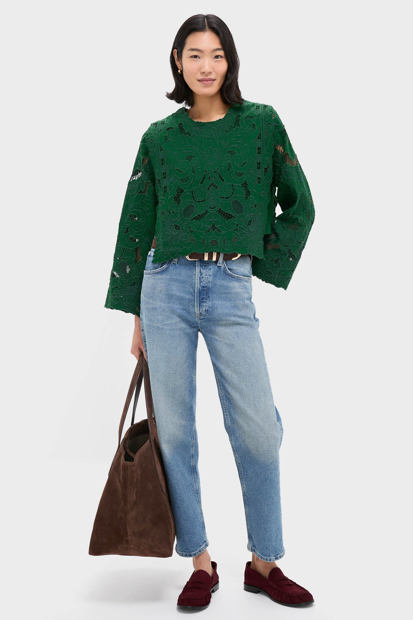Green Ceci Embroidery Long Sleeve Top