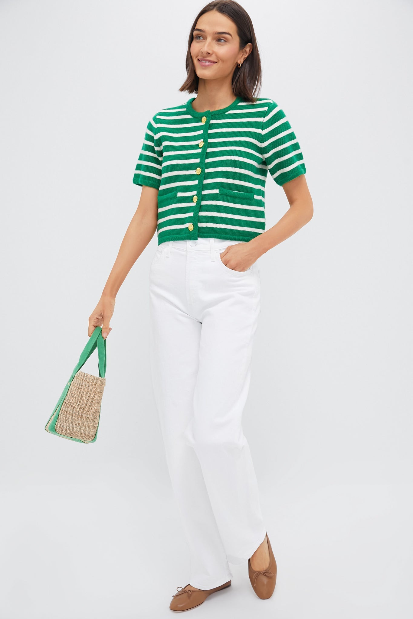 Green & White Striped Short Sleeve Anna Cardigan