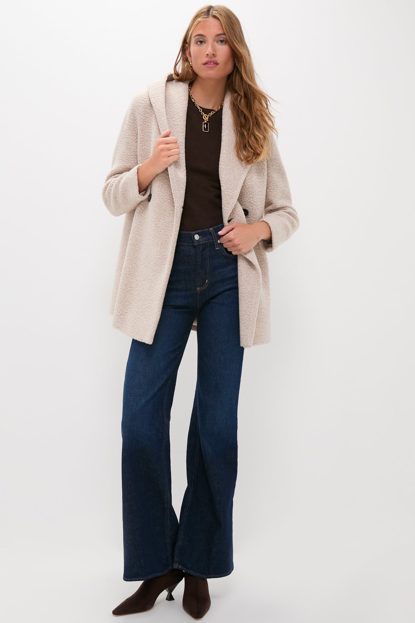 Almond Hooded Double Breasted Boucle Jacket