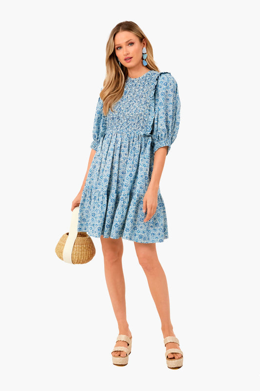 Blue Ida Print Puff Sleeve Smocked Dress