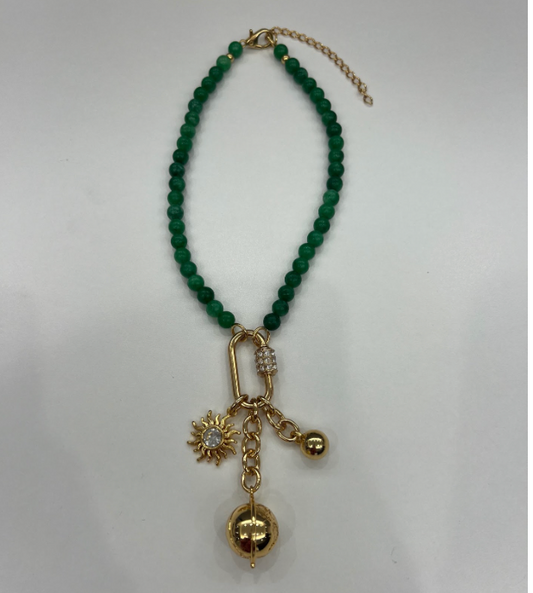 Green Bead Necklace with Gold Charm Trio