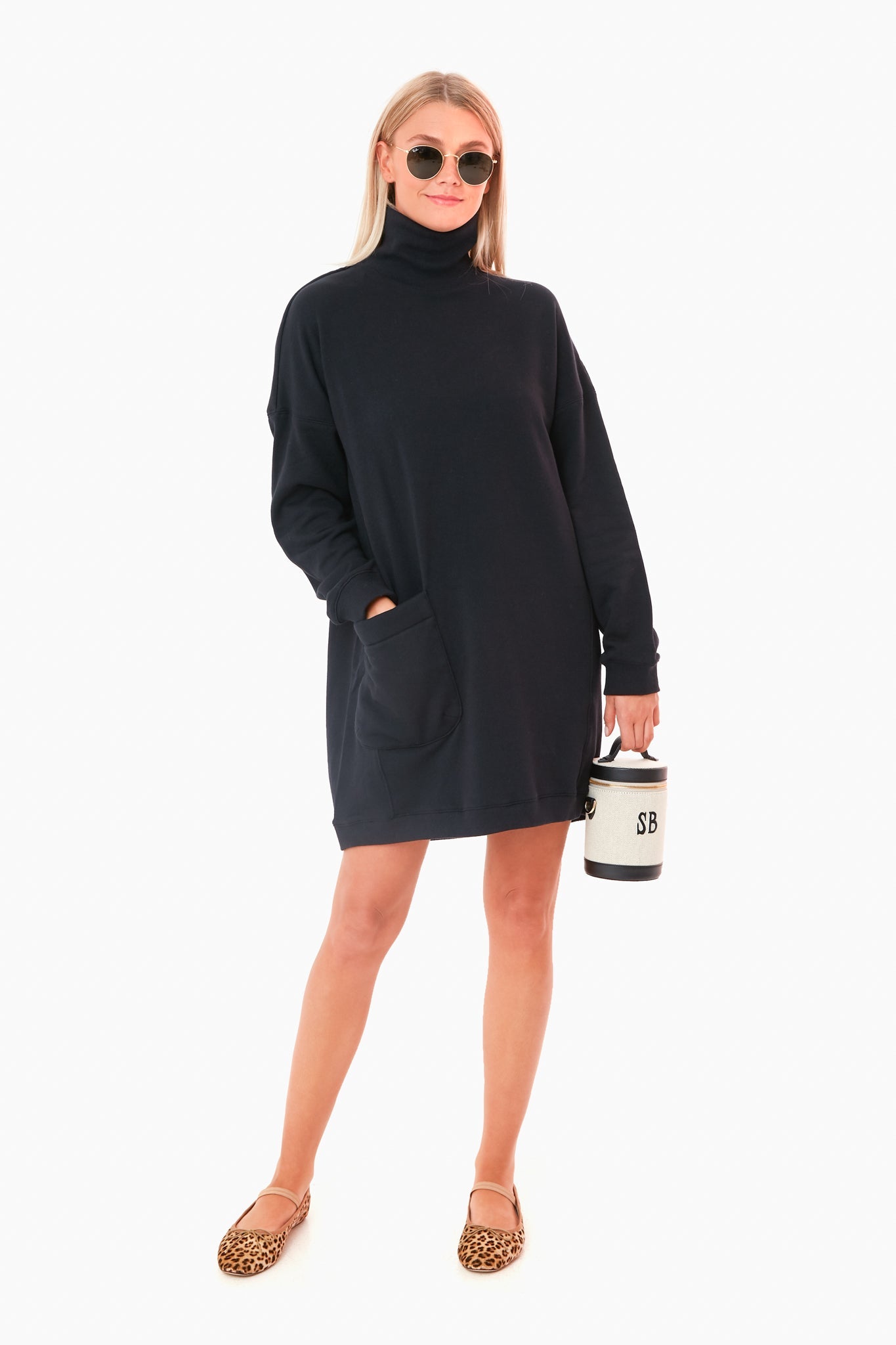 Black Lightweight Terry Turtleneck Dress