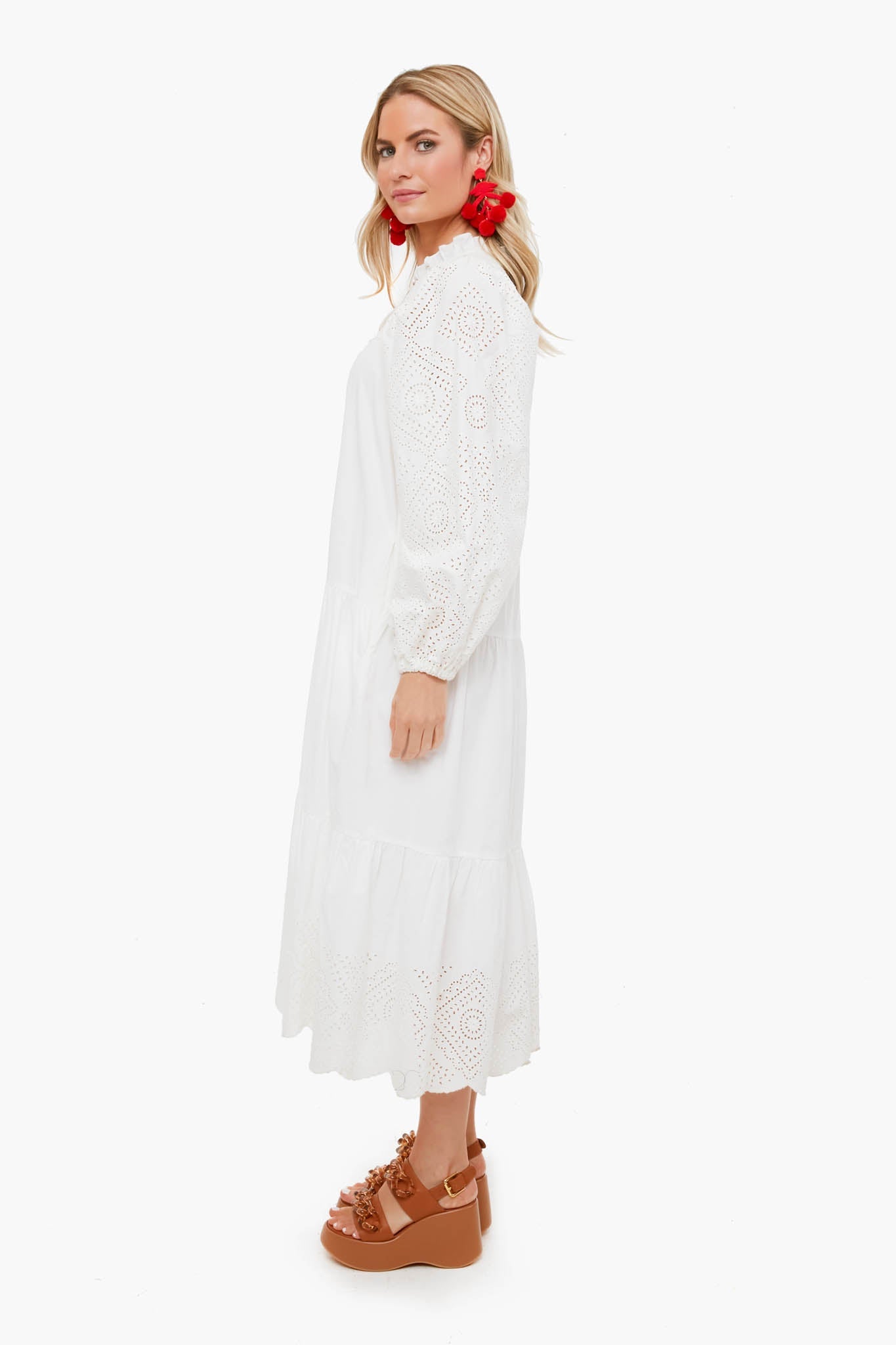 White Vienne Eyelet Long Sleeve Shirt Dress