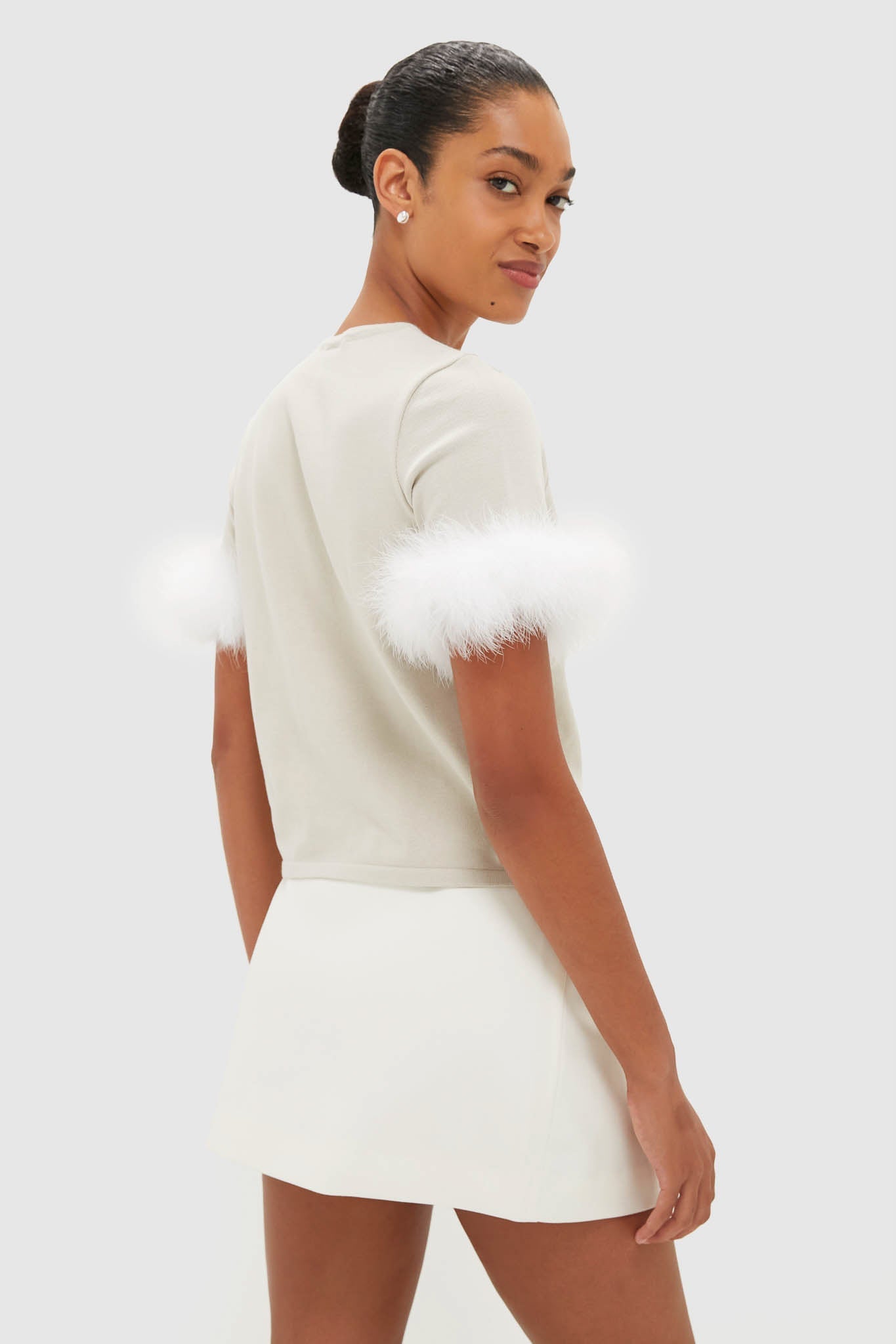 Beige Miss Kitty Short Sleeve Cardigan with Detachable Feathers