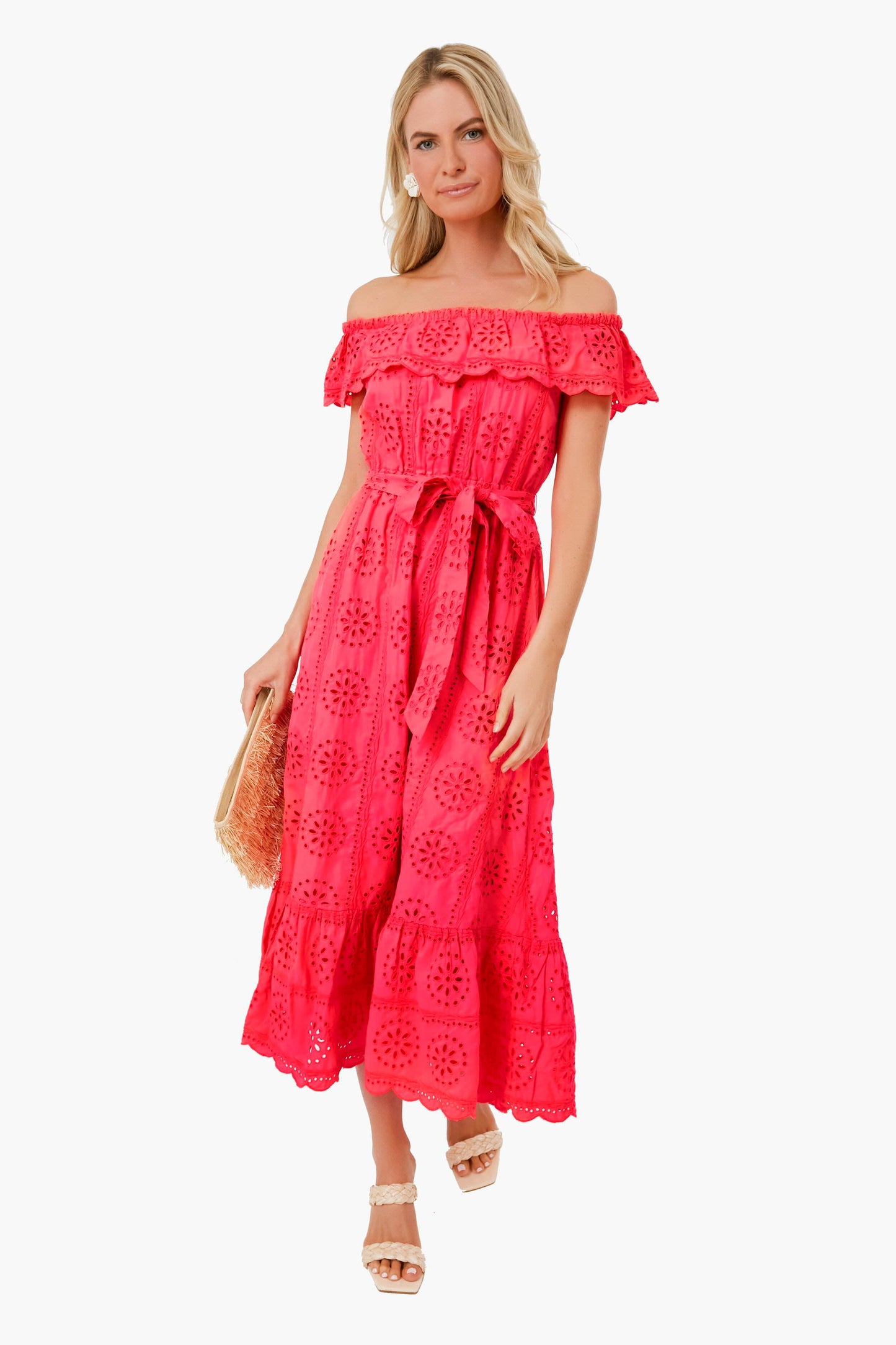 Spicy Coral Liabella Off the Shoulder Eyelet Midi Dress