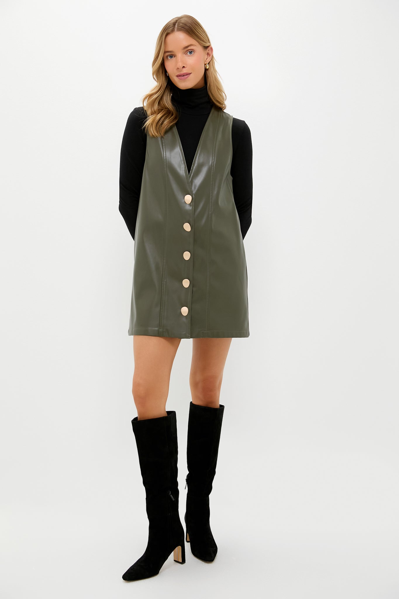 Olive Faux Leather Pinafore Dress