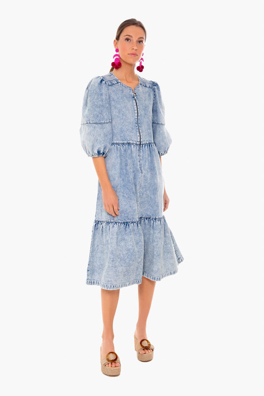 Blue Dax Acid Wash Denim Puff Sleeve Dress