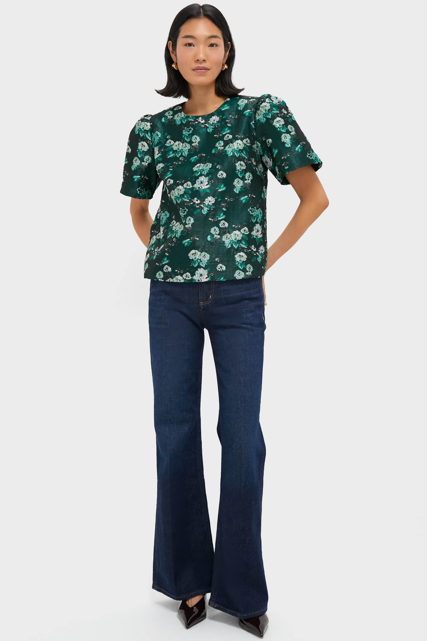 Emerald Magnolia Floral Jacquard Lyla Blouse