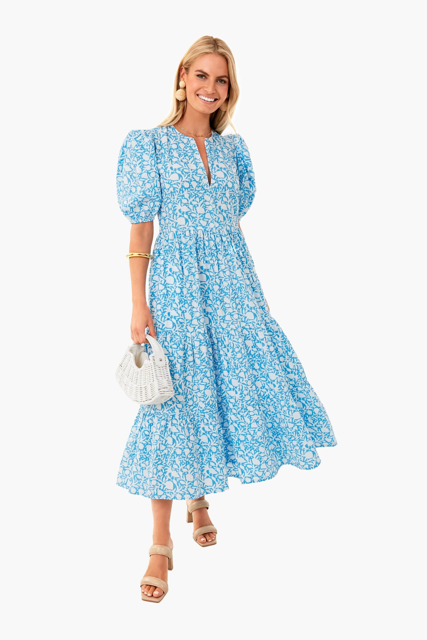 Canary Blue Puff V-Neck Maxi Dress