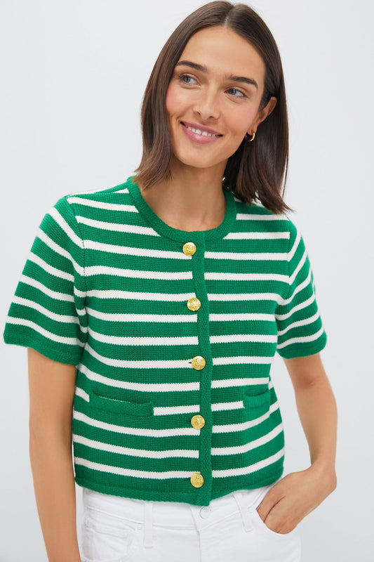 Green & White Striped Short Sleeve Anna Cardigan