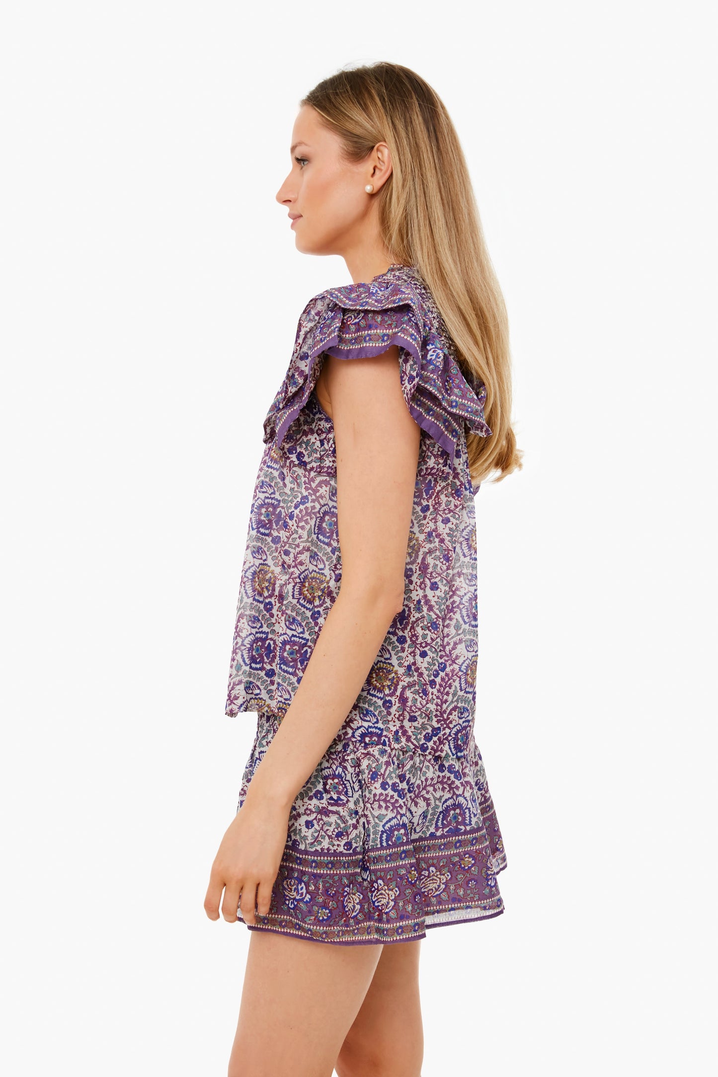 Purple Rosita Border Print Flutter Sleeve Top