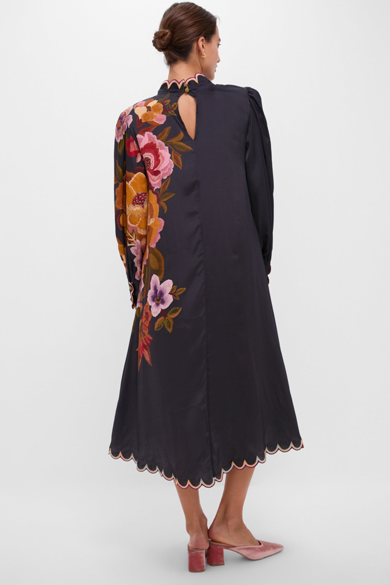 Black Chenille Flowers Midi Dress