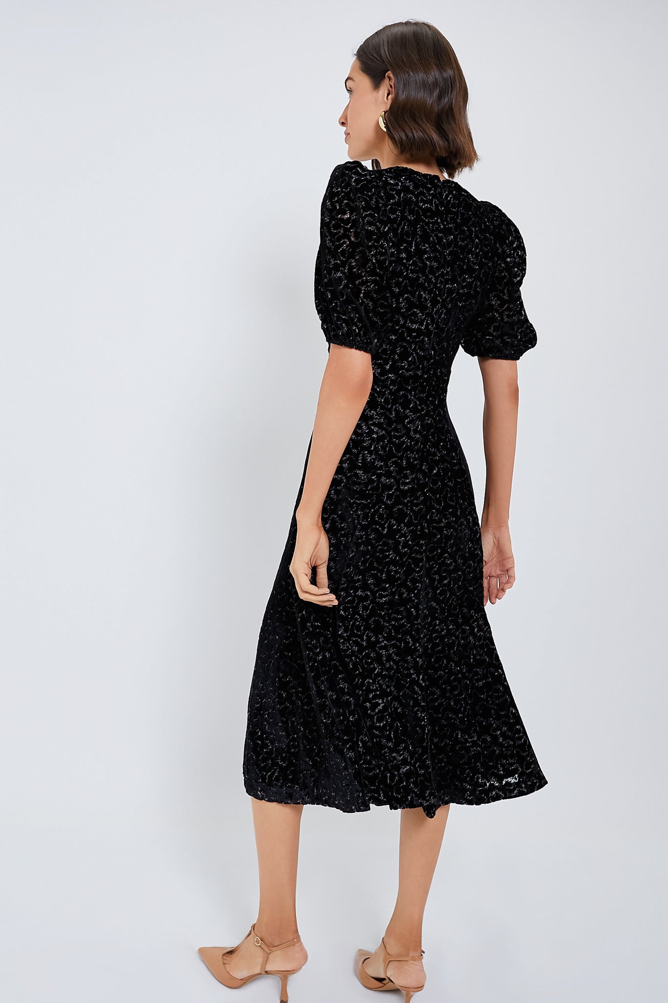 Black Sophia Burnout Velvet Puff Sleeve Dress
