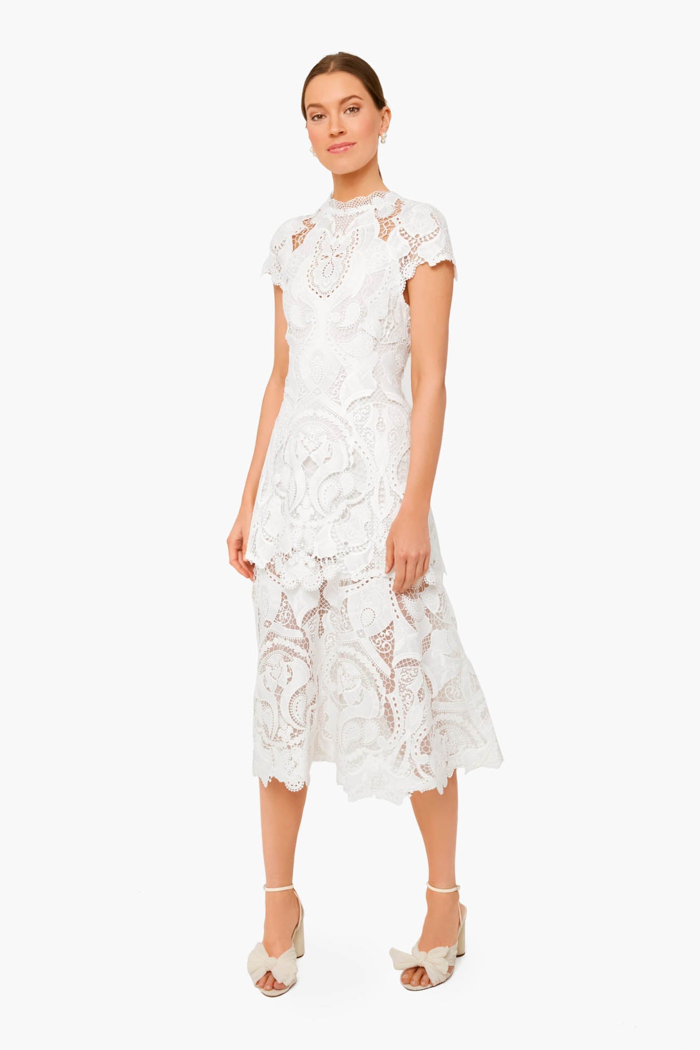 White Laura Guipure Lace Cap Sleeve Midi Dress