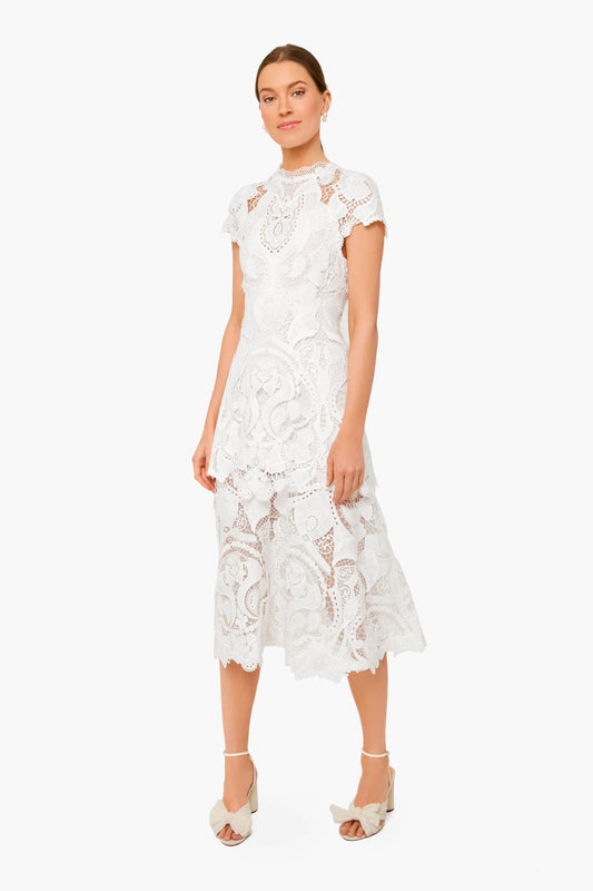 White Laura Guipure Lace Cap Sleeve Midi Dress