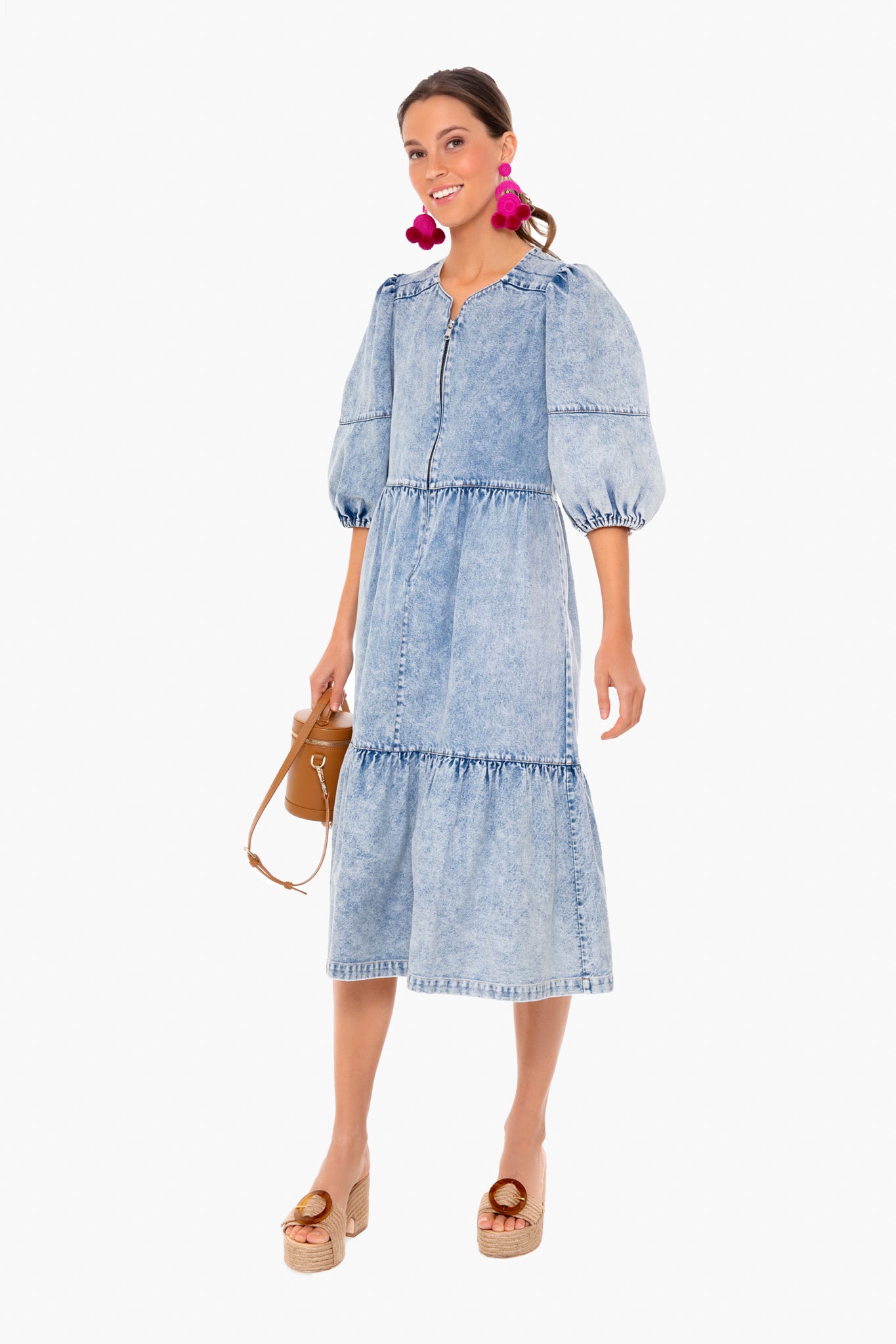 Blue Dax Acid Wash Denim Puff Sleeve Dress
