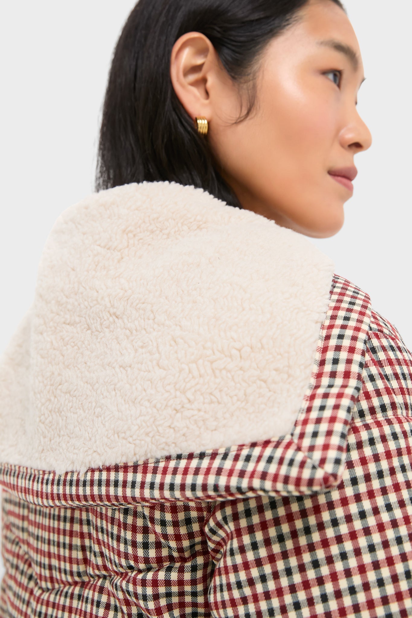 Multi Sally Gingham Puffer with Shearling Collar