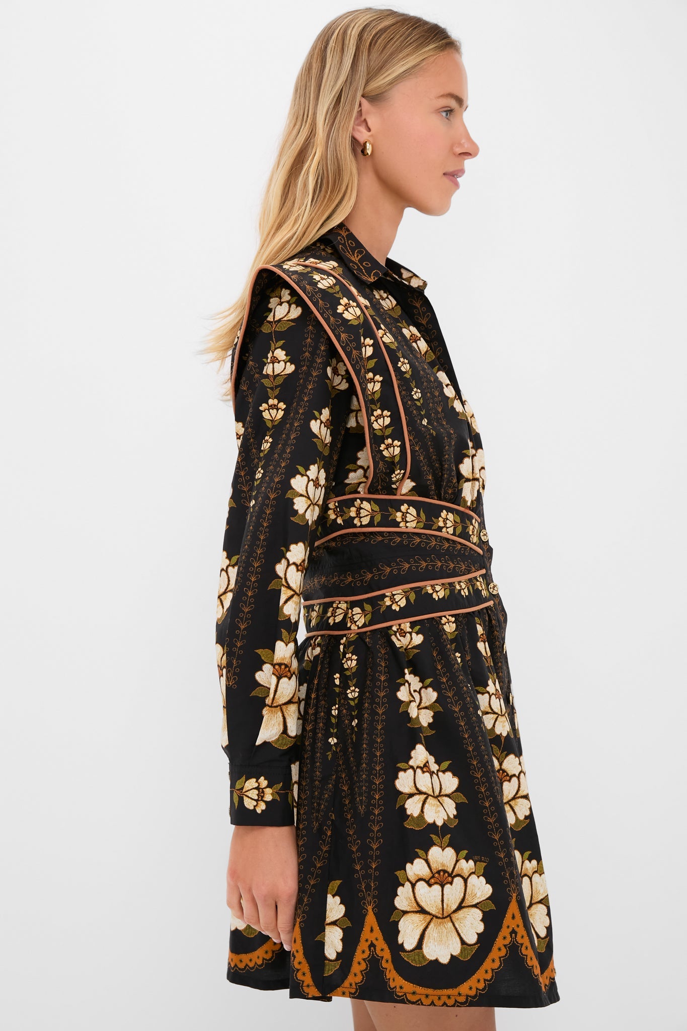 Black Embroidered Flowers Topstitching Long Sleeve Mini Dress